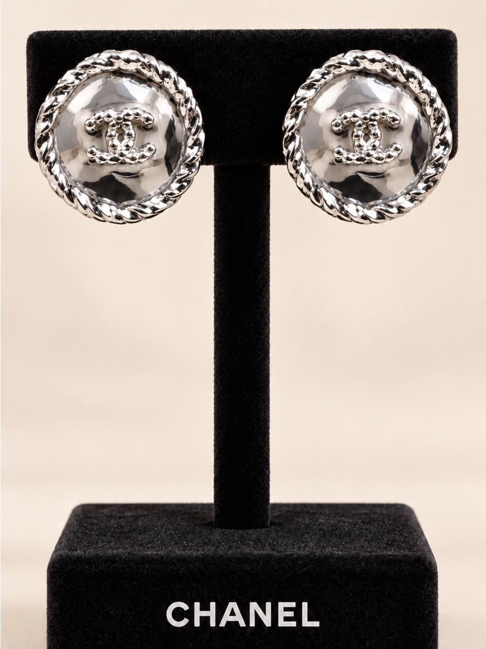 CHANEL Silver-Tone CC Round Button Earrings